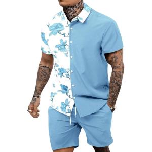 imageOYOANGLE Mens 2 Piece Vacation Outfits Tropical Hawaiian Button Down Shirt and Shorts SetLight Blue