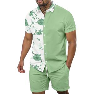 imageOYOANGLE Mens 2 Piece Vacation Outfits Tropical Hawaiian Button Down Shirt and Shorts SetLight Green