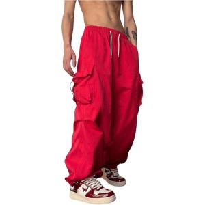 imageOYOANGLE Mens Baggy Cargo Pants Elastic Drawstring Waist Flap Pocket Y2K Hip Hop TrousersRed