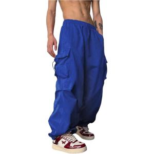imageOYOANGLE Mens Baggy Cargo Pants Elastic Drawstring Waist Flap Pocket Y2K Hip Hop TrousersRoyal Blue
