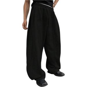 imageOYOANGLE Mens Baggy Sweatpants Drawstring Elastic Waist Loose Wide Leg Athletic Sweat Pants with PocketsBlack