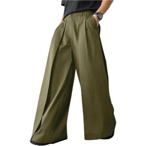 imageOYOANGLE Mens Baggy Wide Leg Pants Zipper Fly Pleated Trousers Business Casual Dress Pants with PocketArmy Green