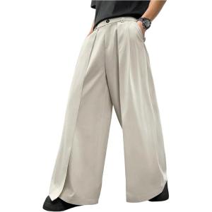 imageOYOANGLE Mens Baggy Wide Leg Pants Zipper Fly Pleated Trousers Business Casual Dress Pants with PocketBeige