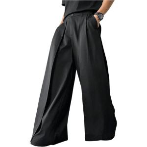 imageOYOANGLE Mens Baggy Wide Leg Pants Zipper Fly Pleated Trousers Business Casual Dress Pants with PocketBlack
