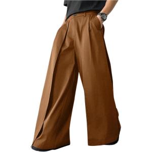 imageOYOANGLE Mens Baggy Wide Leg Pants Zipper Fly Pleated Trousers Business Casual Dress Pants with PocketBronze