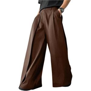 imageOYOANGLE Mens Baggy Wide Leg Pants Zipper Fly Pleated Trousers Business Casual Dress Pants with PocketBrown