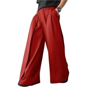 imageOYOANGLE Mens Baggy Wide Leg Pants Zipper Fly Pleated Trousers Business Casual Dress Pants with PocketRed