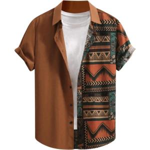 imageOYOANGLE Mens Button Down Short Sleeve Shirts Graphic Collared Neck Beach Vacation ShirtsBrown