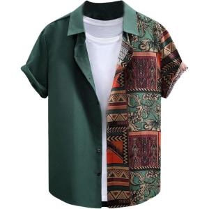 imageOYOANGLE Mens Button Down Short Sleeve Shirts Graphic Collared Neck Beach Vacation ShirtsGreen