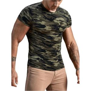 imageOYOANGLE Mens Camo Print Short Sleeve T Shirts Crew Neck Slim Fit Knitted Sport Athletic Pullover Shirt TopsArmy Green