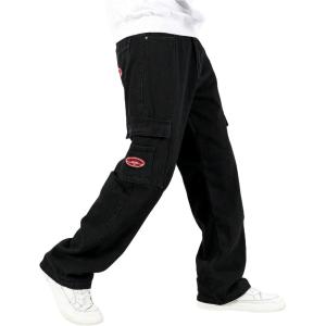 imageOYOANGLE Mens Cargo Jeans Embroidered Flap Pocket Straight Leg Denim Cargo PantsBlack
