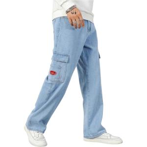 imageOYOANGLE Mens Cargo Jeans Embroidered Flap Pocket Straight Leg Denim Cargo PantsLight Wash