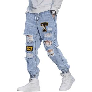imageOYOANGLE Mens Cargo Joggers Pants Letter Patched Ripped Jeans Elastic Drawstring Waist Distressed Denim PantsLight Wash