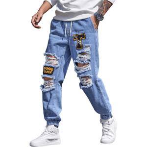 imageOYOANGLE Mens Cargo Joggers Pants Letter Patched Ripped Jeans Elastic Drawstring Waist Distressed Denim PantsMedium Wash