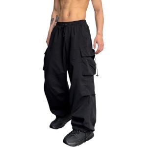 imageOYOANGLE Mens Cargo Pants Elastic Waist Flap Pockets Hip Hop Baggy Harem PantsBlack