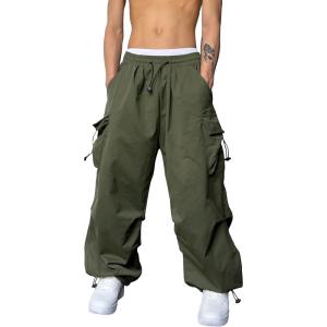imageOYOANGLE Mens Cargo Pants Elastic Waist Flap Pockets Hip Hop Baggy Harem PantsPure Army Green