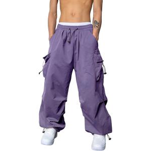 imageOYOANGLE Mens Cargo Pants Elastic Waist Flap Pockets Hip Hop Baggy Harem PantsPurple Solid