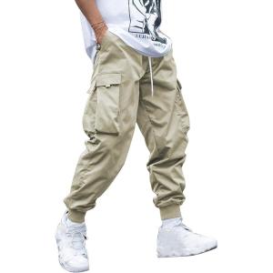 imageOYOANGLE Mens Casual Drawstring Elastic Waist Flap Pocket Letter Graphic Street Jogger Cargo PantsBeige