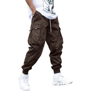 imageOYOANGLE Mens Casual Drawstring Elastic Waist Flap Pocket Letter Graphic Street Jogger Cargo PantsCoffee Brown