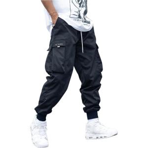 imageOYOANGLE Mens Casual Drawstring Elastic Waist Flap Pocket Letter Graphic Street Jogger Cargo PantsDark Blue