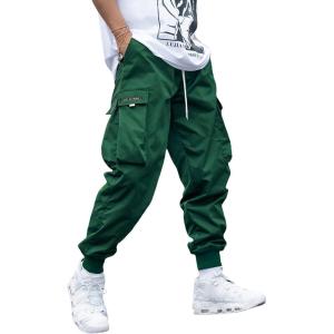 imageOYOANGLE Mens Casual Drawstring Elastic Waist Flap Pocket Letter Graphic Street Jogger Cargo PantsDark Green