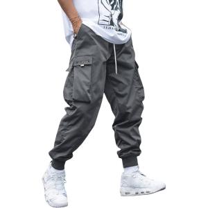 imageOYOANGLE Mens Casual Drawstring Elastic Waist Flap Pocket Letter Graphic Street Jogger Cargo PantsDark Grey