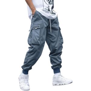 imageOYOANGLE Mens Casual Drawstring Elastic Waist Flap Pocket Letter Graphic Street Jogger Cargo PantsDusty Blue