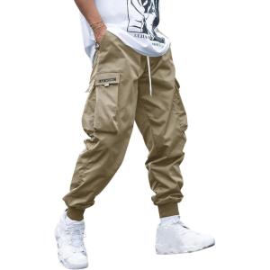 imageOYOANGLE Mens Casual Drawstring Elastic Waist Flap Pocket Letter Graphic Street Jogger Cargo PantsKhaki