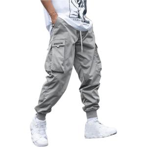 imageOYOANGLE Mens Casual Drawstring Elastic Waist Flap Pocket Letter Graphic Street Jogger Cargo PantsLight Grey