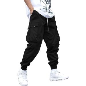 imageOYOANGLE Mens Casual Drawstring Elastic Waist Flap Pocket Letter Graphic Street Jogger Cargo PantsPlain Black