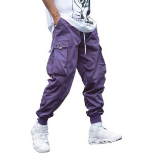 imageOYOANGLE Mens Casual Drawstring Elastic Waist Flap Pocket Letter Graphic Street Jogger Cargo PantsPurple