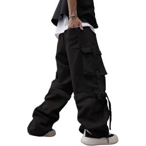 imageOYOANGLE Mens Casual Drawstring Waist Flap Pocket Cargo Pants Wide Leg Loose Fit Parachute Pants JoggersBlack