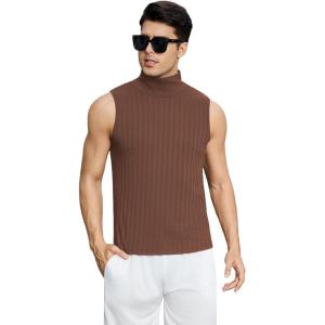 imageOYOANGLE Mens Casual Turtleneck Sleeveless Ribbed Knit Slim Fit Vest Tank TopBrown
