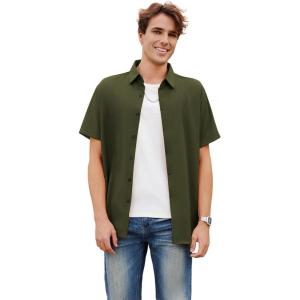 imageOYOANGLE Mens Classic Solid Short Sleeve Button Down Work Business Blouse Top Casual Hawaiian ShirtsArmy Green