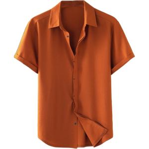 imageOYOANGLE Mens Classic Solid Short Sleeve Button Down Work Business Blouse Top Casual Hawaiian ShirtsBurnt Orange