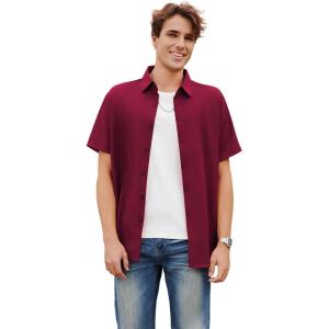 imageOYOANGLE Mens Classic Solid Short Sleeve Button Down Work Business Blouse Top Casual Hawaiian ShirtsDeep Burgundy