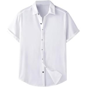 imageOYOANGLE Mens Classic Solid Short Sleeve Button Down Work Business Blouse Top Casual Hawaiian ShirtsLight White