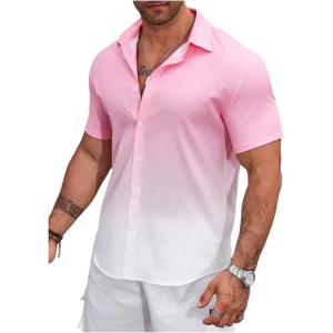 imageOYOANGLE Mens Color Block Button Down Shirts Collared Neck Short Sleeve Beach Summer TopPink and White
