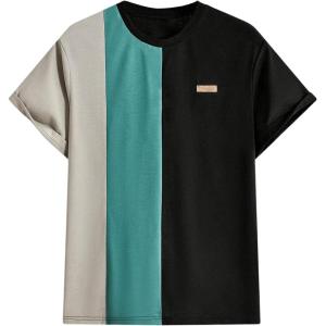 imageOYOANGLE Mens Color Block Short Sleeve T Shirt Crew Neck Drop Shoulder Loose Casual Tee TopsMulticolor