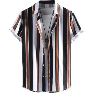 imageOYOANGLE Mens Color Block Striped Print Short Sleeve Button Up Casual ShirtBlack Brown White