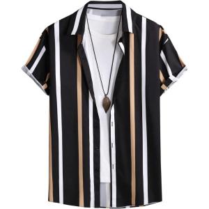 imageOYOANGLE Mens Color Block Striped Print Short Sleeve Button Up Casual ShirtBlack Multi