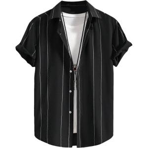 imageOYOANGLE Mens Color Block Striped Print Short Sleeve Button Up Casual ShirtBlack Striped Print
