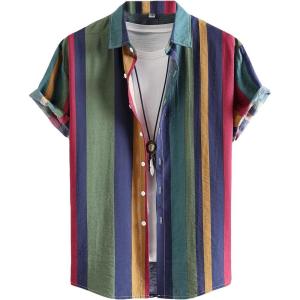 imageOYOANGLE Mens Color Block Striped Print Short Sleeve Button Up Casual ShirtGreen