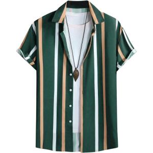 imageOYOANGLE Mens Color Block Striped Print Short Sleeve Button Up Casual ShirtGreen Striped