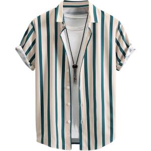 imageOYOANGLE Mens Color Block Striped Print Short Sleeve Button Up Casual ShirtKhaki Green