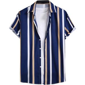 imageOYOANGLE Mens Color Block Striped Print Short Sleeve Button Up Casual ShirtNavy Blue