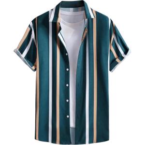 imageOYOANGLE Mens Color Block Striped Print Short Sleeve Button Up Casual ShirtNavy Blue White