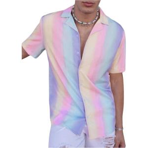 imageOYOANGLE Mens Colorblock Button Down Short Sleeve Lapel Collared Party Shirt TopsMulticolor