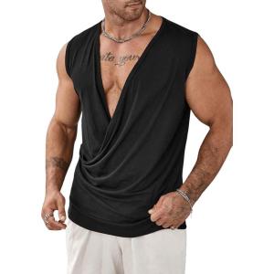 imageOYOANGLE Mens Draped Deep V Neck Sleeveless Tank Top Ruched Wrapped Workout TopsBlack