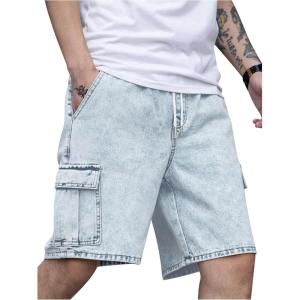imageOYOANGLE Mens Drawstring Elastic Waist Flap Pocket Straight Cargo Jean Denim ShortsLight Blue